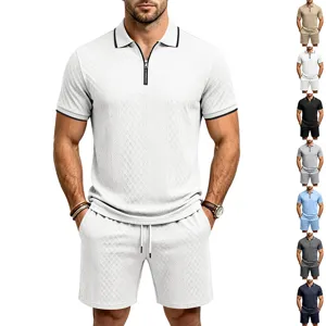 Men's Summer Jacquard Zip Polo Shirt And Casual Shorts Two Piece Set Knit Outfit