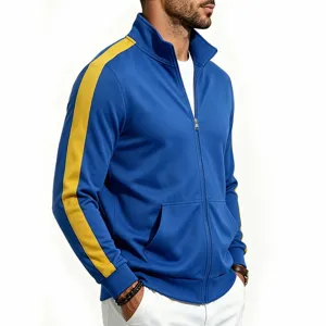Men's casual zip-up stand collar colorblock sports jacket with side stripes for spring.