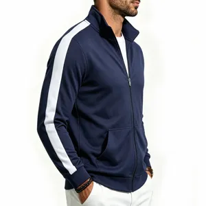 Detailed view of mens dark blue zip-up track jacket featuring stylish white sleeve stripes.