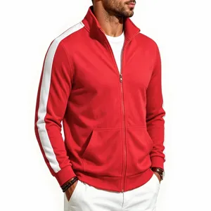 Close-up view of the men's red track jacket featuring white side stripes, stand collar, and zipper detail.