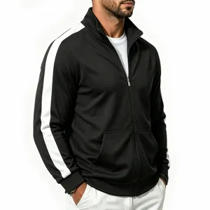 Men's casual sport track jacket with front zipper, stand collar, and contrast side stripes.