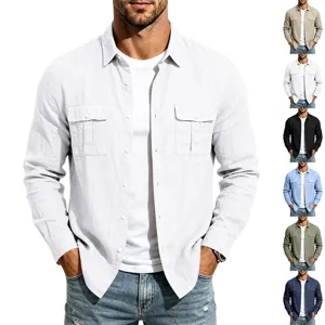 Camisa de lino casual para hombre de manga larga con dos prácticos bolsillos en el pecho.