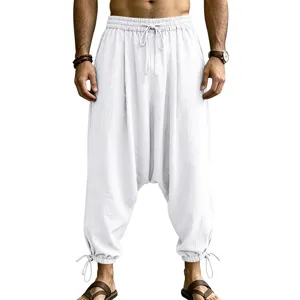 Men white linen harem pants casual loose drawstring dropped crotch beach trousers summer