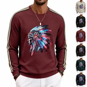 Mens waffle knit long sleeve sweatshirt with tribal graphic and contrast stripe shoulders detail.