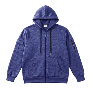 Detailed view of blue heather full-zip hooded sweatshirt with dual sleeve pockets.