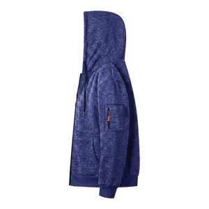 Men's fleece-lined zip hoodie with sleeve pocket and hood in dark blue heather.