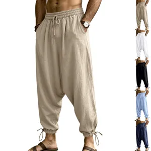 Men's Casual Linen Blend Harem Jogger Pants Loose Drawstring Baggy Beach Trousers Solid Color Hip Hop Bottom