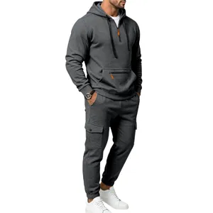 Completo Felpa con Cappuccio e Pantaloni Cargo in Pile Uomo Inverno Grigio Casual
