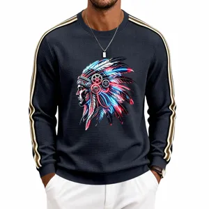 Men's waffle knit crewneck long sleeve sweatshirt featuring a graphic print and stripes.