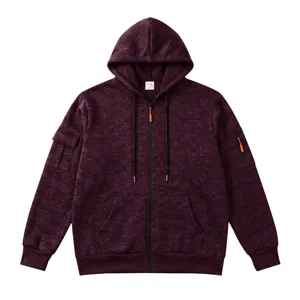 Men's fleece-lined hooded sweatshirt with zip, multi-pocket casual jacket sleeve detail.