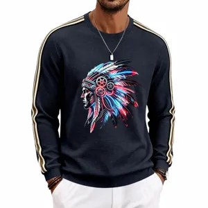 Men's Cyberpunk Native American Print Waffle Knit Crewneck Sweatshirt with Contrast Sleeves