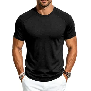 Close-up of the breathable mesh shoulder detail on the men's black short-sleeve t-shirt.