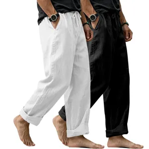 Details of men's casual linen pants featuring a loose straight leg fit and adjustable drawstring.