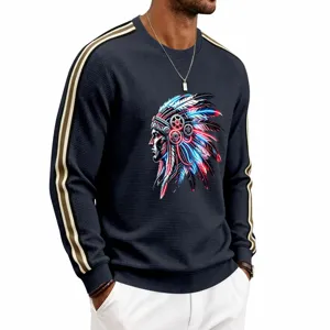 Men's waffle knit crewneck sweatshirt with Native American graphic and contrast sleeve stripes.