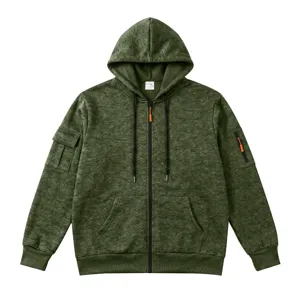 Men's fleece-lined zip hoodie in olive green with functional cargo pockets and hood.