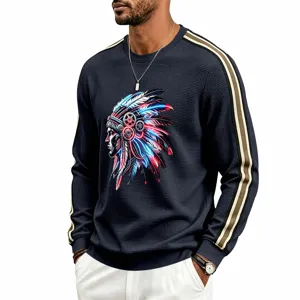 Men waffle knit long sleeve sweatshirt with contrast stripe sleeves and cool headdress print.