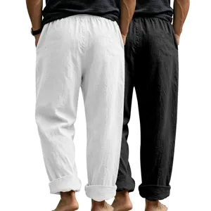 Back view details of men's casual loose linen straight trousers in black and white colors.