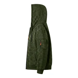 Side view detail of mens heavy fleece hooded zip jacket in dark green with sleeve pocket.