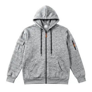 Men's fleece-lined hooded zip sweatshirt, casual heavy loose outerwear with utility pockets.