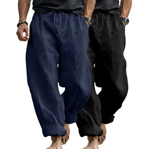 Detailed view of men's casual loose linen trousers featuring comfortable drawstring waist.