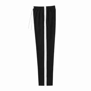 Details of men's casual sports contrast color straight leg jogging sweatpants in black.