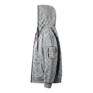 Men's grey fleece-lined zip hoodie casual hooded jacket with multi pockets and zip sleeve.