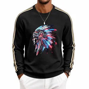 Men casual graphic waffle knit long sleeve sweatshirt with contrast side stripes and chief print.