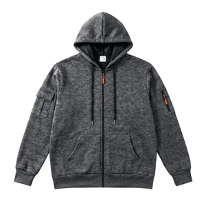 Detailed view of the dark grey fleece-lined zip hoodie with utility pockets and drawstrings.