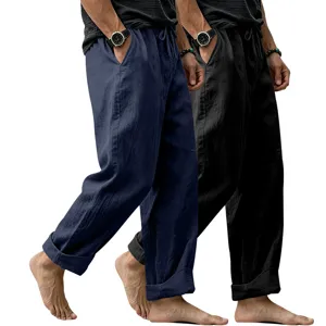 Men casual linen trousers detail view, loose fit straight leg beach pants with drawstring waist.