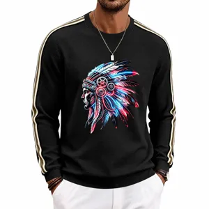 Detailed view of black waffle knit long sleeve sweatshirt with cyber chief graphic and stripe arms.