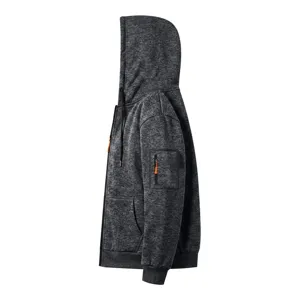 Close-up detail of dark gray fleece-lined zip hoodie pocket and orange zipper pull accent.
