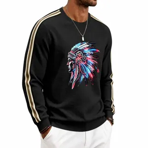 Men's waffle knit crewneck sweatshirt detail, featuring unique graphic and contrast sleeves.