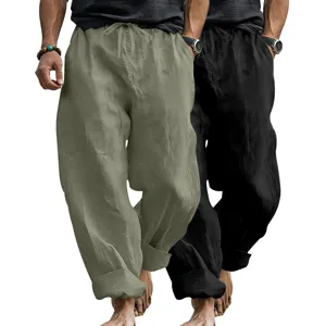 Close-up detail of the breathable linen casual trousers, featuring adjustable drawstring waist.