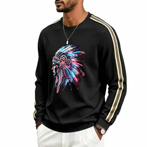 Cyber style graphic men waffle knit sweatshirt, crewneck long sleeve detail view.
