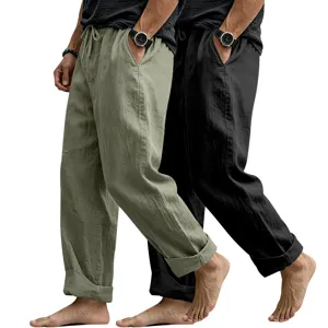 Casual men's loose linen trousers detail shot showing comfortable fabric and drawstring waist.