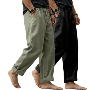 Men casual loose linen straight long trousers detail view showing breathable fabric and drawstring.