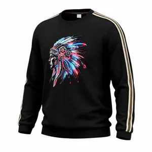 Detailed view of the black waffle knit long sleeve sweatshirt with Indian graphic and stripes.