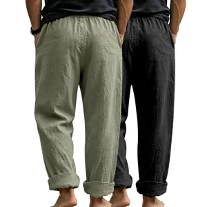 Men casual loose linen trousers two piece set, comfortable straight leg beach pants details.