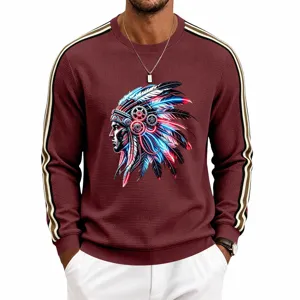 Men's Waffle Knit Long Sleeve Sweatshirt Native American Print Casual Crewneck Top
