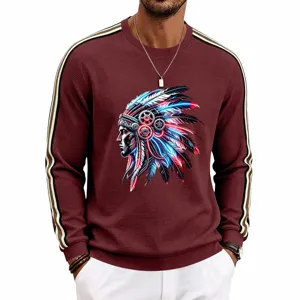 Men waffle knit sweatshirt long sleeve casual tribal graphic pullover crewneck stylish apparel