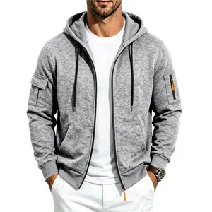 Men's fleece zip-up hoodie casual grey outerwear with multiple pockets and adjustable hood.