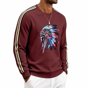 Mens waffle knit crewneck sweatshirt casual long sleeve pullover with retro tribal graphic