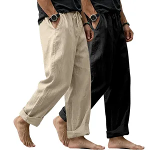 Men's loose linen casual trousers, comfortable straight leg beach pants for men daily summer wear.