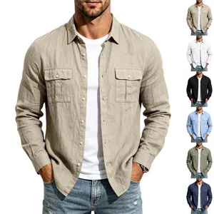 Camisa de Manga Larga de Mezcla de Lino Casual para Hombre Ajuste Holgado Cuello de Solapa Multi-Bolsillos Top Workwear Color Sólido