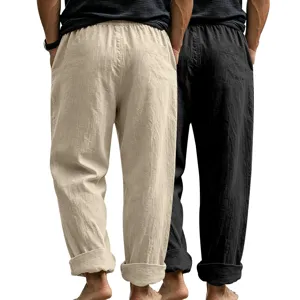 Men's loose linen casual straight long pants detail view, comfortable breathable fabric for daily wear.