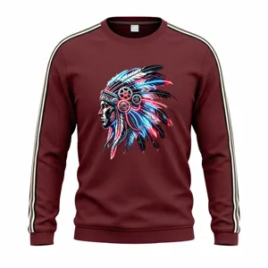 Detailed view of mens waffle knit sweatshirt with cyber Indian graphic and side contrast stripes.