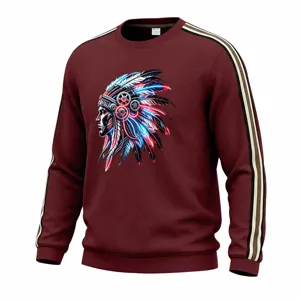 Men's casual waffle knit sweatshirt with cyber Indian chief graphic print and sleeve stripes.