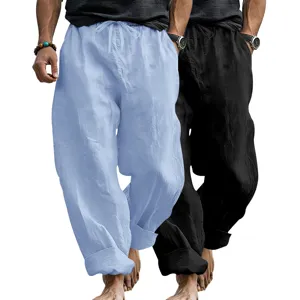 Men's casual loose linen straight leg trousers with drawstring beach pants two pack.