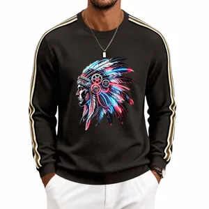 Mens waffle knit crewneck sweatshirt with futuristic native graphic and contrast sleeves detail.