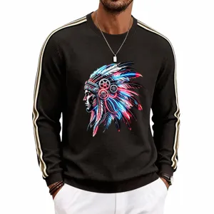 Men's waffle knit long sleeve sweatshirt detail showcasing neon native graphic and shoulder trim.